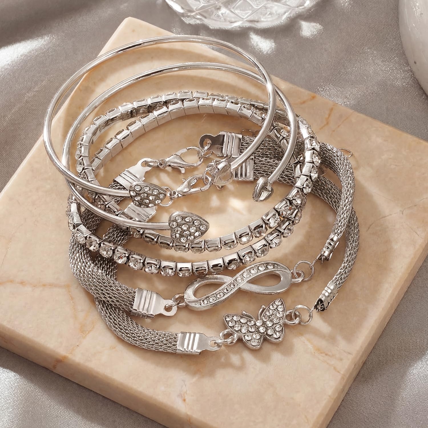 image:image17IF Gold Silver Bracelets for Women 14K Gold Plated Stackable Bracelet SetSilver6pcs