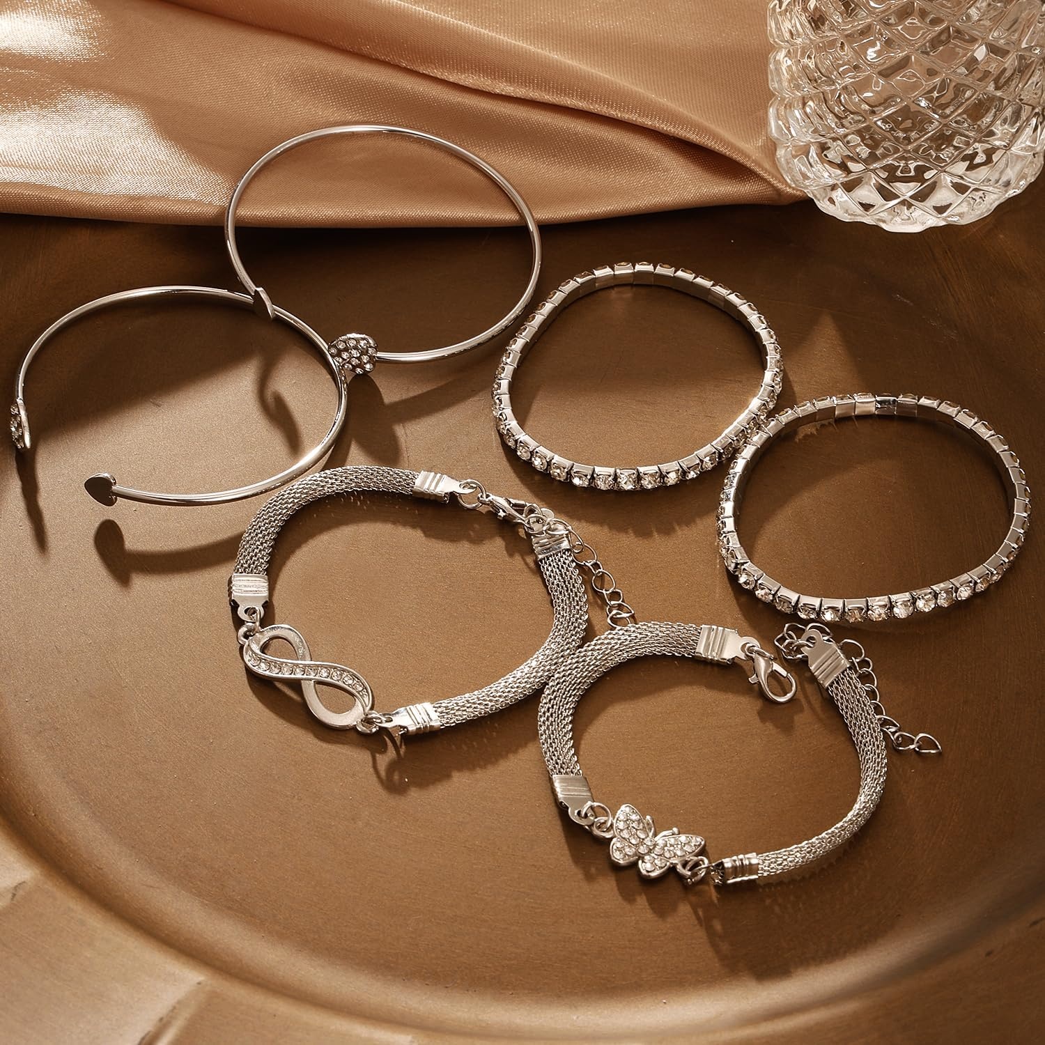 image:image17IF Gold Silver Bracelets for Women 14K Gold Plated Stackable Bracelet SetSilver6pcs