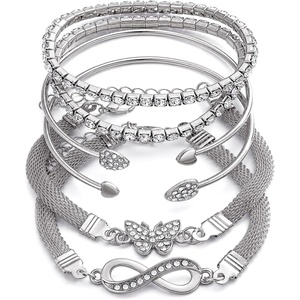 17IF Gold Silver Bracelets for Women 14K Gold Plated Stackable Bracelet Set(Silver-6pcs)