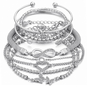 17IF Gold Silver Bracelets for Women 14K Gold Plated Stackable Bracelet Set(Silver-8pcs)
