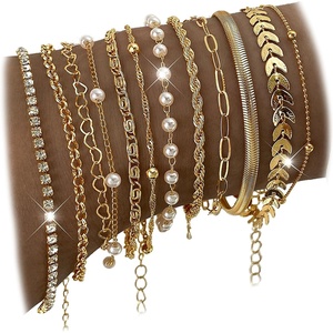 17IF 12Pcs Bracelets for Women, 14K Gold Plated Stackable Link Bracelet Set(Golden)